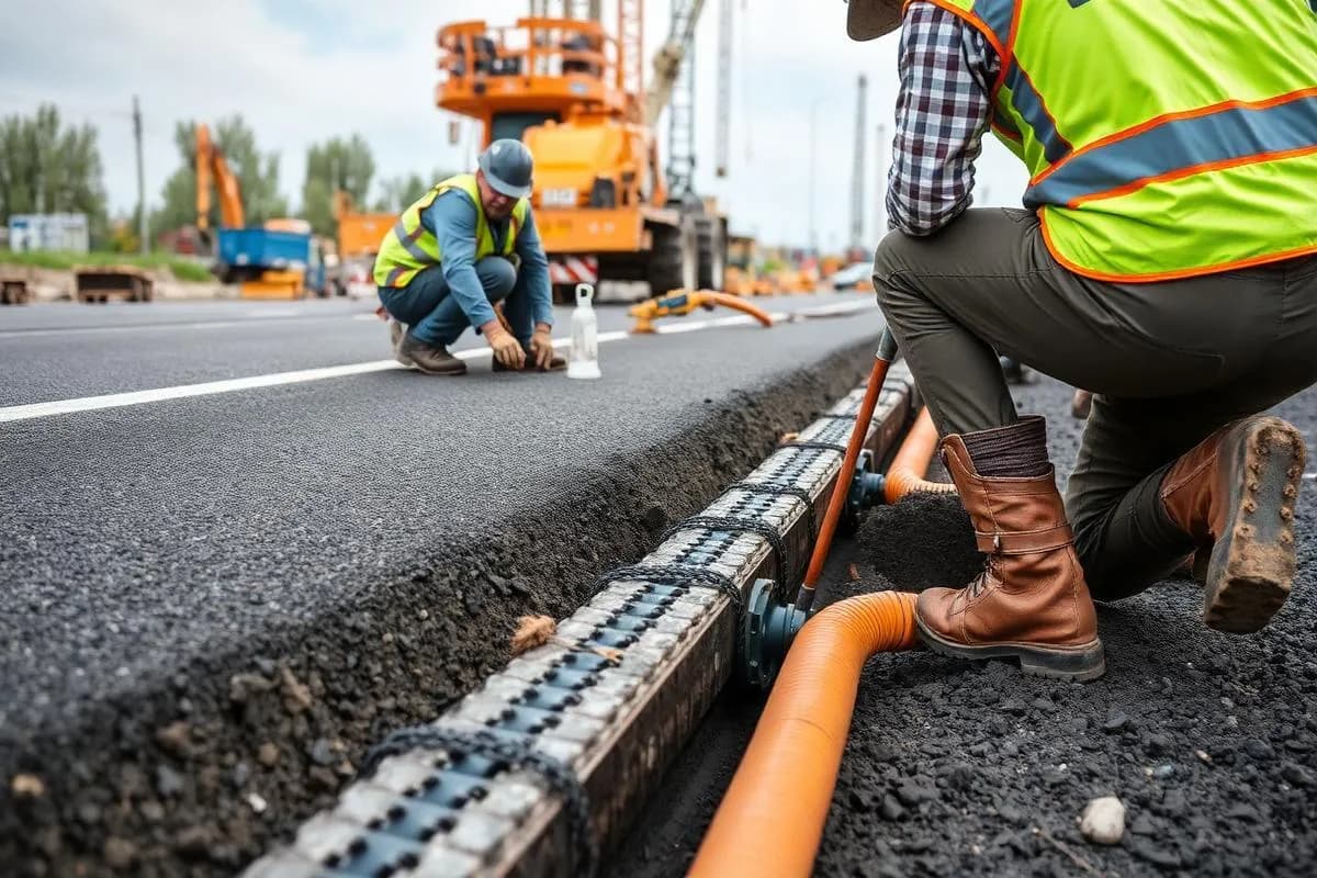 Trabajadores instalando ductos eléctricos en una vía
