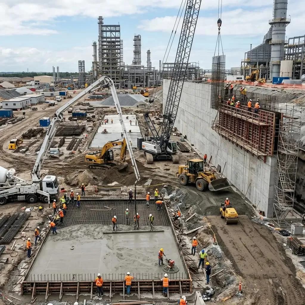 Obra de construcción con grúas, hormigonado de losas y maquinaria