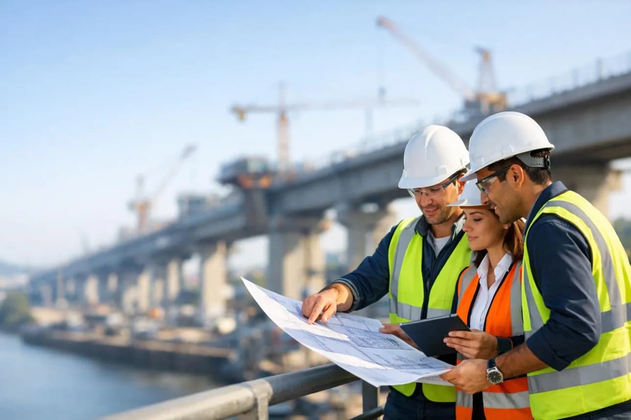 Ingenieros revisando planos en una obra de infraestructura