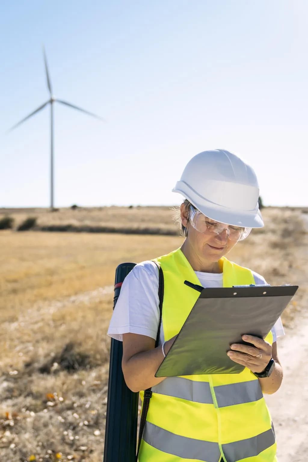 Profesional en terreno tomando registros junto a un aerogenerador